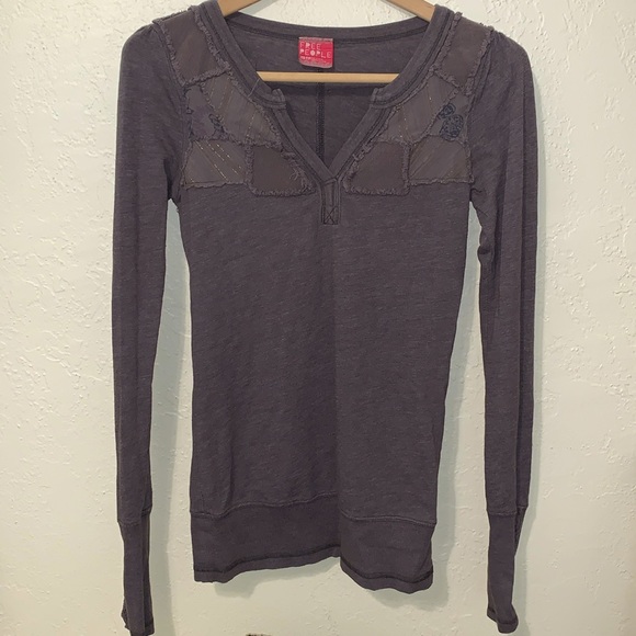 Free People Gray Henley Patchwork  Top - Picture 1 of 6